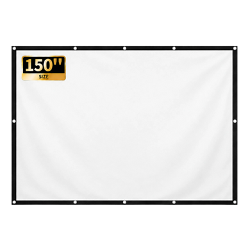 Zoomly 150-inch portable projection screen, blank white 16:9 fabric with black border and metal grommets.