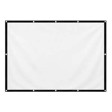 Zoomly portable projection screen, blank white 16:9 fabric with black border and metal grommets for indoor or outdoor use.